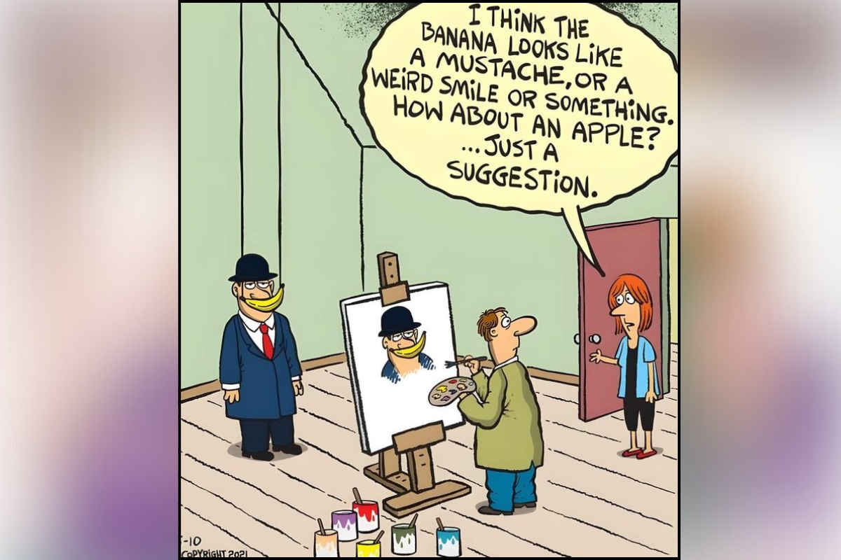 A man poses with a banana smile while a woman critiques the portrait, suggesting an apple instead — classic Free Range absurdity.