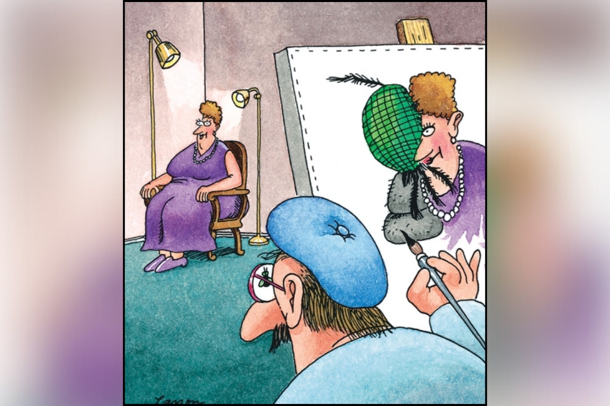 A quirky artist paints a woman’s portrait but transforms her face into a feathered bird, adding surreal and comedic distortion to the artwork.