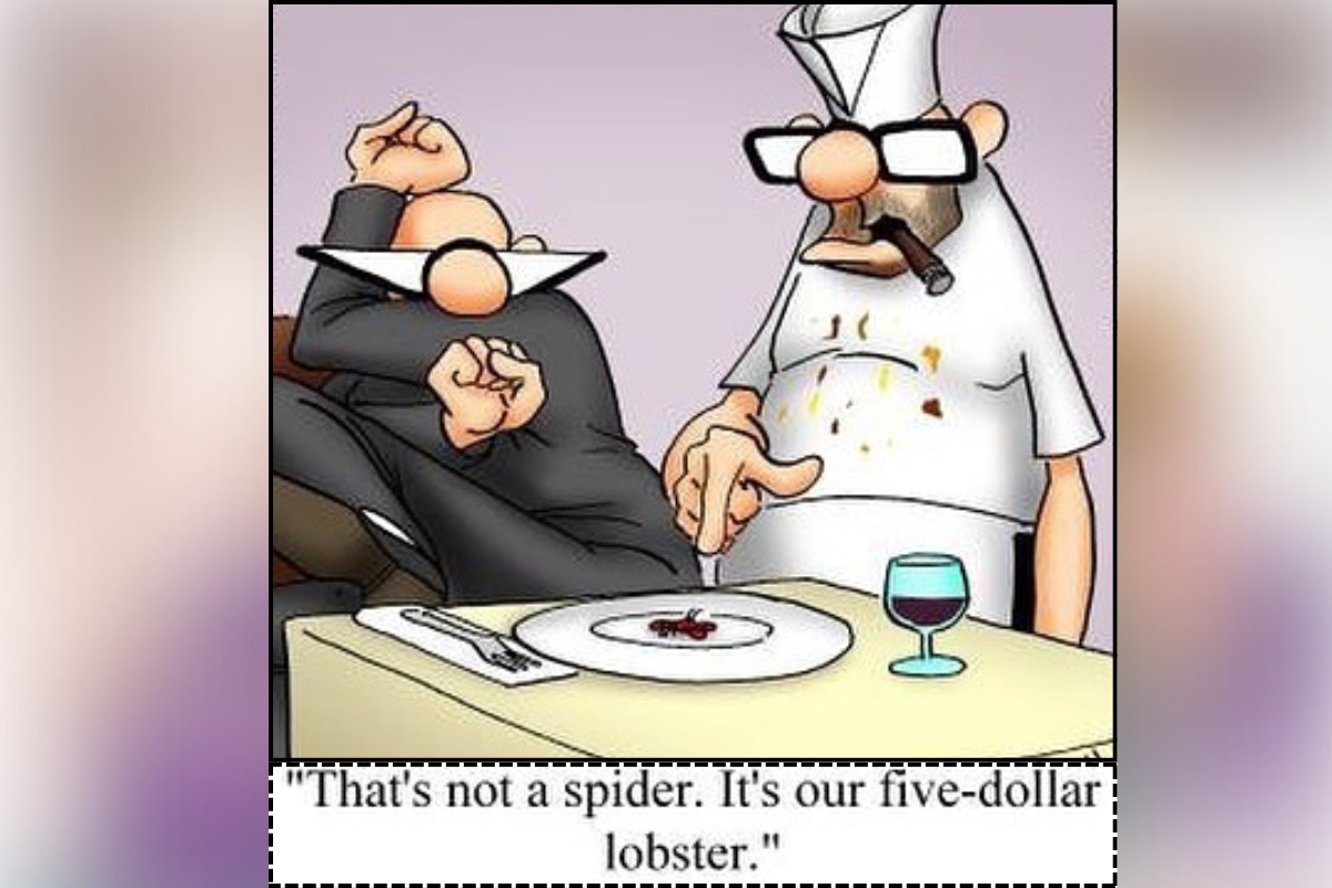 Chef defends bug on plate as five-dollar lobster in restaurant, classic Spectickles humor.