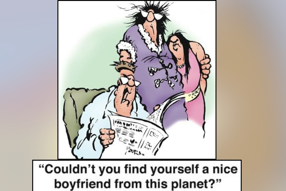 Featured cartoon thumbnail for “10 Herman Comics That Nail Life’s Most Awkward Moments,” showing an awkward family encounter between a grumpy father and his daughter’s eccentric boyfriend, with bold title text in bright contrasting colors.