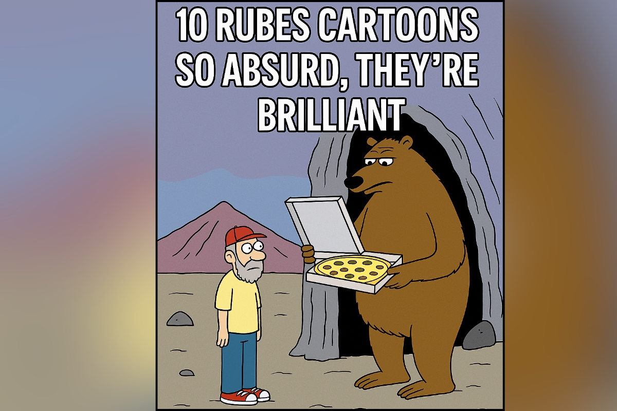 A cartoon-style thumbnail featuring a bear holding a pizza box at the entrance of a cave, facing a surprised deliveryman. Above them, bold stylized white text reads: “10 Rubes Cartoons So Absurd, They're Brilliant,” set against a soft purple background with a clean, humorous aesthetic.